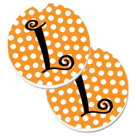 Carolines Treasures Monogram Initial L Orange Polkadots Set of 2 Cup Holder Car Coaster CJ1033-LCARC